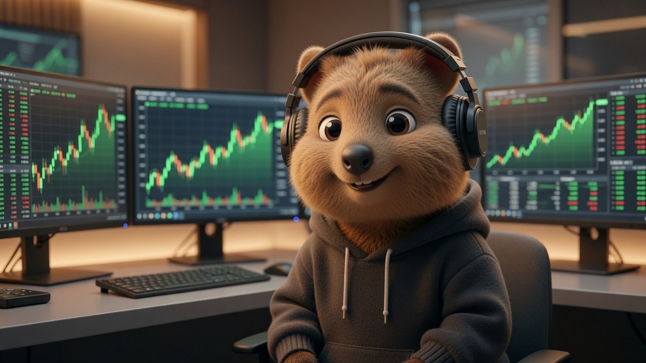 Happy Quokka trading with green candles on every screen
