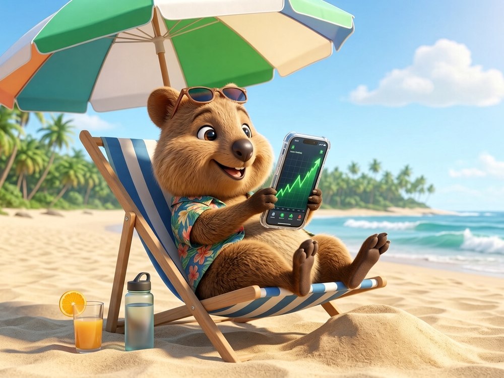 Quokka checking green candles from a beach chair