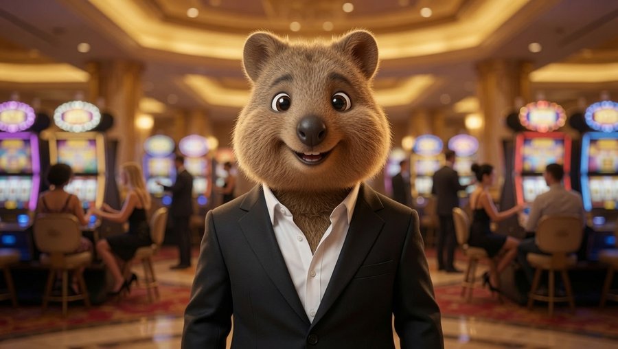 Quokka celebrating a big win at the casino