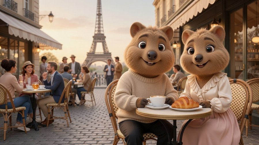 Quokka couple having coffee in Paris