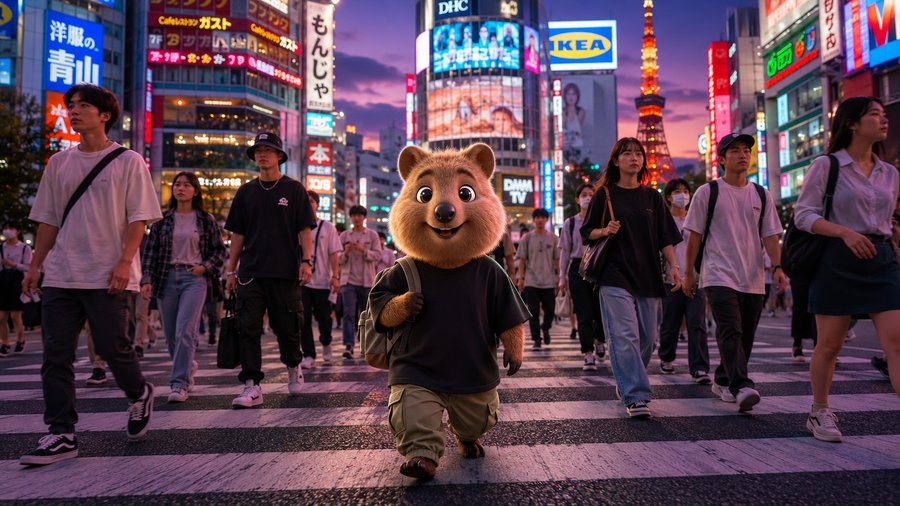 Quokka crossing the street in Tokyo