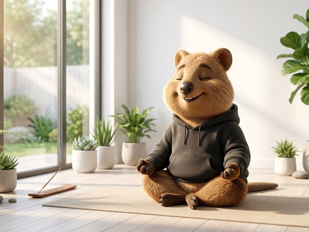 Quokka meditating peacefully, zero stress energy