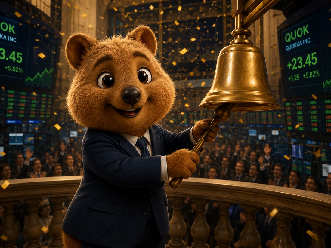 Quokka in a suit ringing the opening bell to celebrate the $QUOKKA launch
