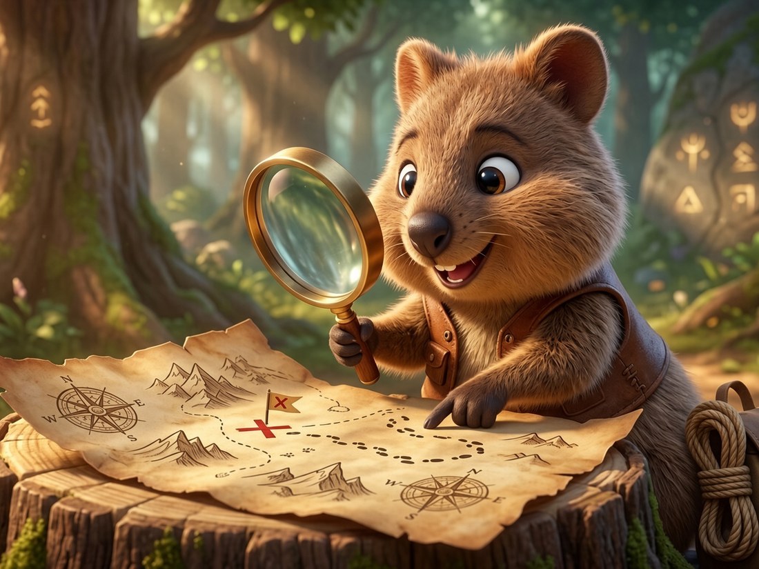Quokka explorer studying a treasure map with a magnifying glass, searching for visibility